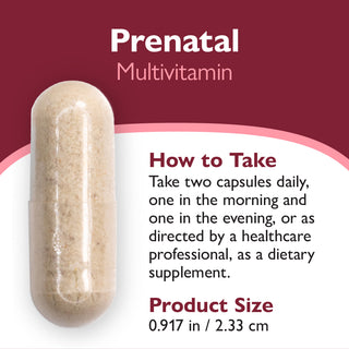 Prenatal multivitamin capsule with usage instructions on a red and white background