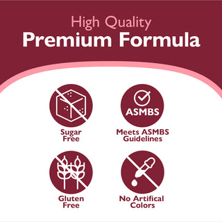 Product label with icons and text indicating high quality, premium formula with sugar-free, gluten-free, and no artificial colors features.
