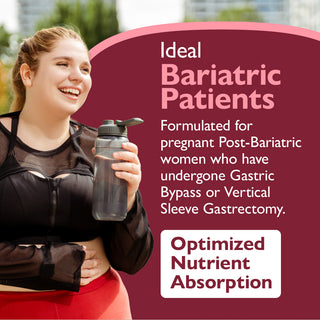 Woman holding a water bottle with text about bariatric patients and optimized nutrient absorption.