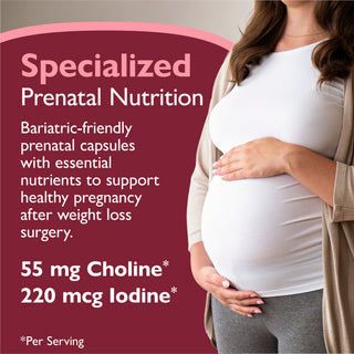 Pregnant woman with text about specialized prenatal nutrition and essential nutrients.
