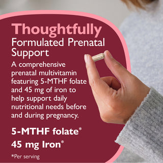 Hand holding a prenatal supplement with product description on a red background