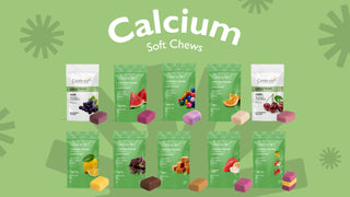 Assorted calcium soft chews packages on a green background with 'Calcium Soft Chews' text. Product Video.