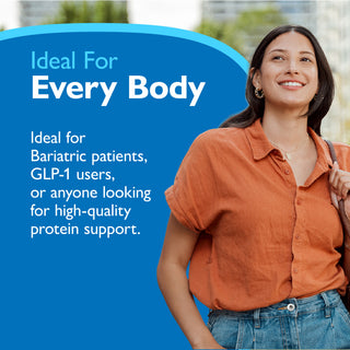A smiling woman in an orange short-sleeve button-up shirt and blue jeans stands outdoors against a blurred background, next to a large blue graphic with the text 'Ideal For Every Body' and additional white text about bariatric patients, GLP-1 users, and protein support.