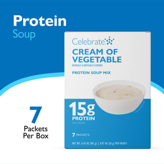 Celebrate Cream of Vegetable Protein Soup Mix box shown on a blue background with text reading 'Protein Soup' and '7 Packets Per Box'.