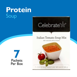 Celebrate Italian Tomato Soup Mix box shown on a blue and white graphic background with text reading 'Protein Soup' and '7 Packets Per Box.'.