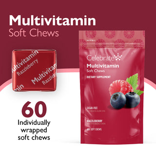 Multivitamin soft chews packaging with berries on a red background