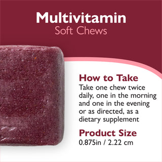 Multivitamin soft chews with usage instructions and product size on a red and white background
