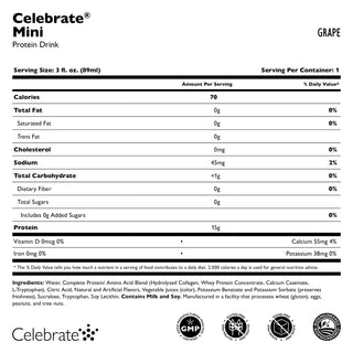 Nutritional label for Celebrate Mini Protein Drink Grape flavor on a white background