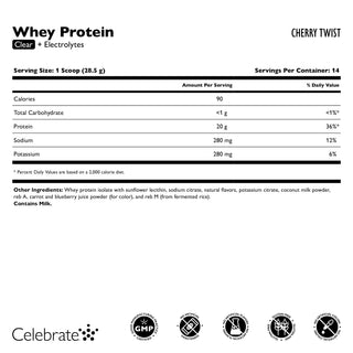 Nutritional label for whey protein powder with cherry twist flavor, including serving size, calories, and ingredients.