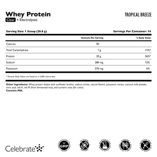 Nutritional label for whey protein powder Tropical Breeze with ingredients and branding details.