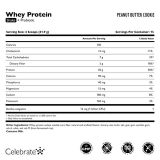 Nutritional label for a whey protein shake with peanut butter cookie flavor, featuring the brand 'Celebrate'.