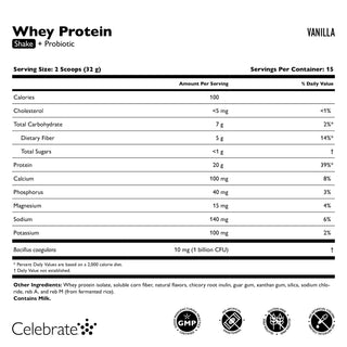A nutrition facts label for Celebrate Whey Protein Shake + Probiotic in Vanilla flavor. The label shows serving size of 2 scoops (32 g), 15 servings per container, with calorie and daily value information, plus ingredient and certification logos at the bottom.