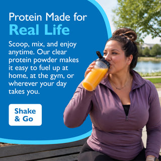 Woman drinking a protein shake with promotional text about protein powder on a blue background