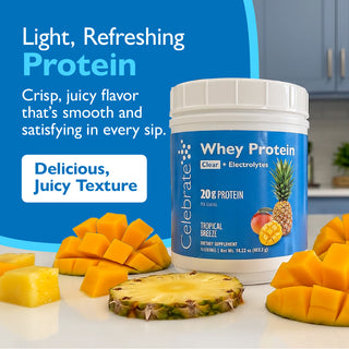Image showing Tropical Breeze Whey Protein Tub and tropical fruits