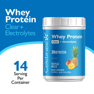 Celebrate Whey Protein container with blue label and pineapple illustration on a white background