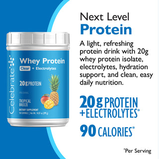 Celebrate Whey Protein container with blue label and Tropical Breeze flavor illustration on a white background.