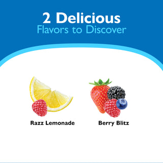 Two flavors of fruit cocktails with text '2 Delicious Flavors to Discover' on a blue and white background.
