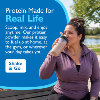 Woman drinking a protein shake with promotional text about protein powder on a blue background