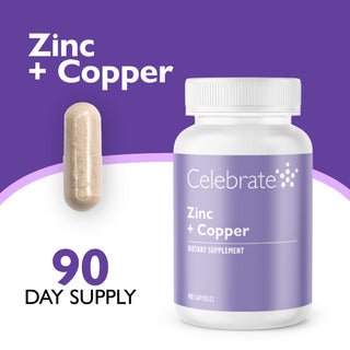 Celebrate B-50 Complex dietary supplement bottle with a white cap and lavender label, shown next to a single beige capsule on a purple and white background with '90 DAY SUPPLY' text.