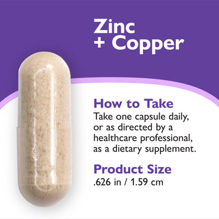 A supplement capsule filled with light tan powder, shown on a purple and white graphic background with text reading 'Zinc + Copper,' 'How to Take,' and 'Product Size .626 in / 1.