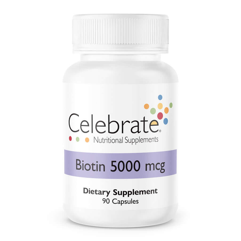 Photograph of Celebrate's biotin capsules for hair growth in a 90 count bottle
