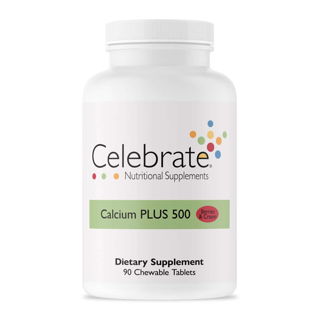Photograph of Celebrate's calcium citrate chewable tablets in berries & cream flavor in a 90 count bottle