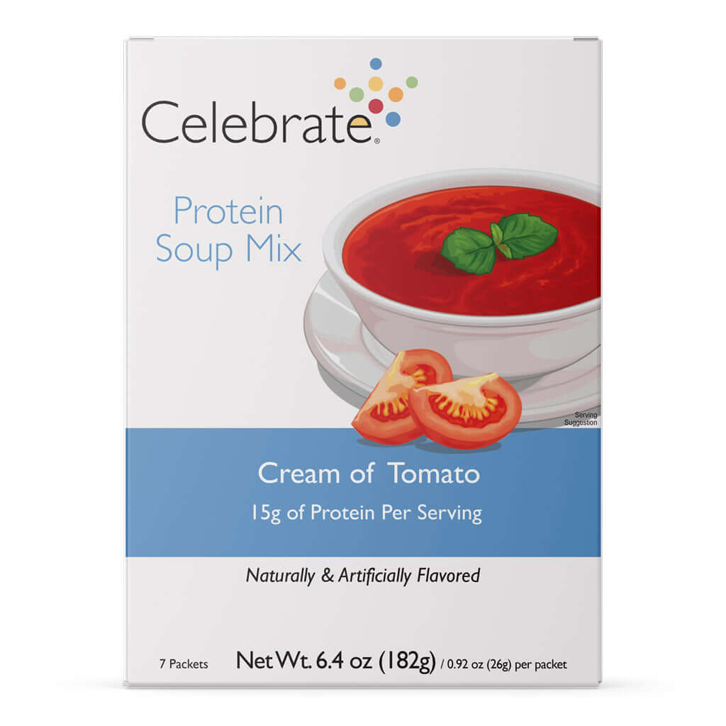 Photograph of Celebrate's bariatric protein soup in cream of tomato flavor in a 7 count box