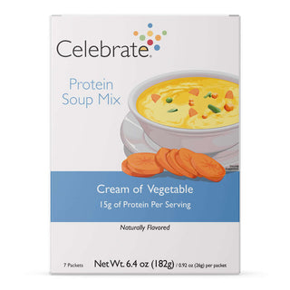 Image of Celebrate's high protein soup in cream of vegetable flavor in a 7 count box