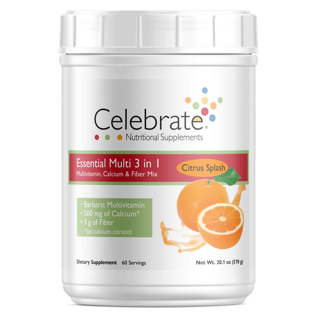 Photograph of Celebrate's essential multi 3 in 1 drink mix in citrus splash flavor in a 60 serving tub