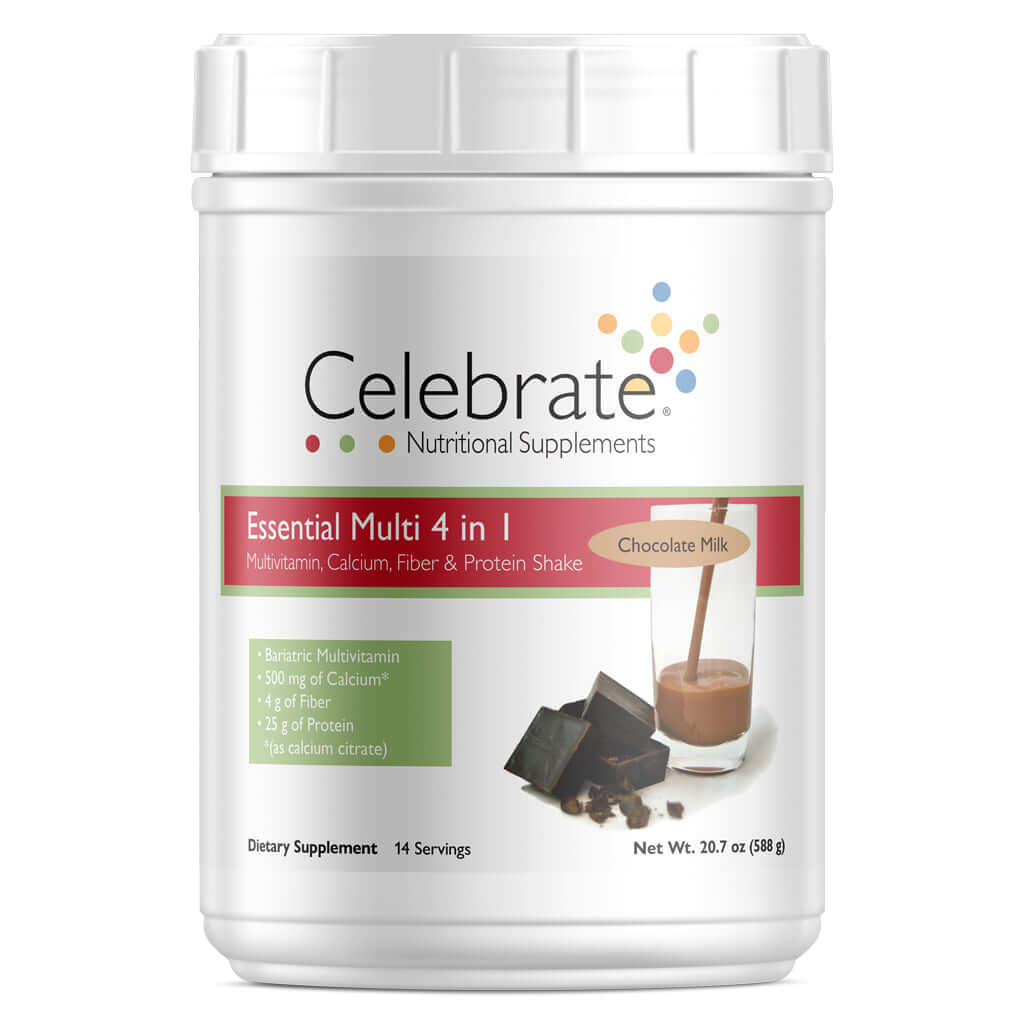Image of Celebrate's Essential Multi 4 in 1 shake mix, a post bariatric surgery vitamin supplement, in a 14 serving tub - chocolate milk flavor