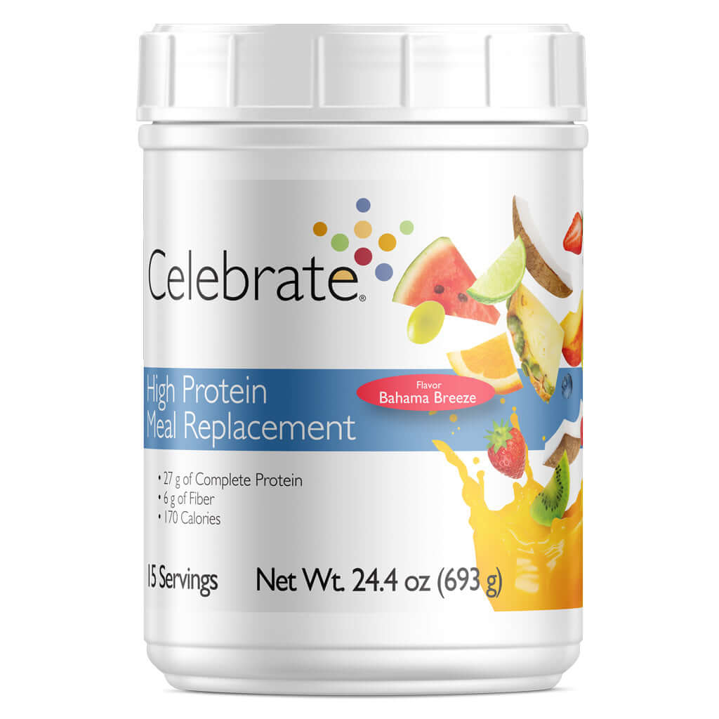 Photograph of Celebrate's meal replacement protein powder shakes in Bahama Breeze flavor in a 15 serving tub