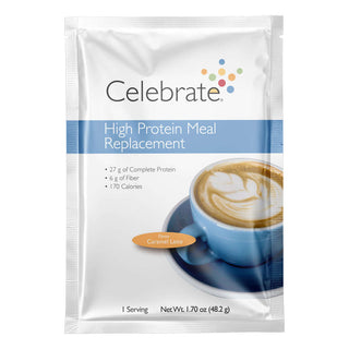 Photograph of the single serve package of Celebrate's caramel latte bariatric meal replacement shakes