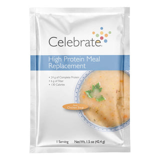 Photograph of the single serve package of Celebrate's Chicken Soup flavored meal replacement protein powder shakes