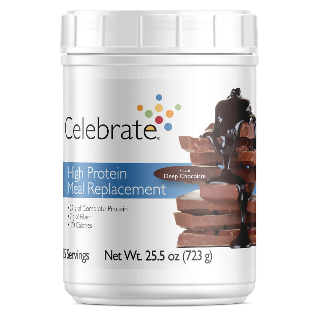 Photograph of Celebrate's meal replacement protein powder shakes in deep chocolate flavor in a 15 serving tub.