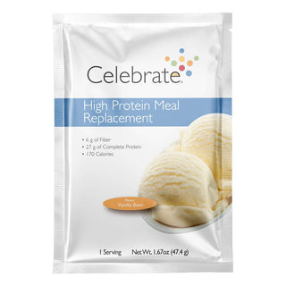 Photograph of Celebrate's bariatric meal replacement protein powder shakes in vanilla bean flavor in a single serving packet