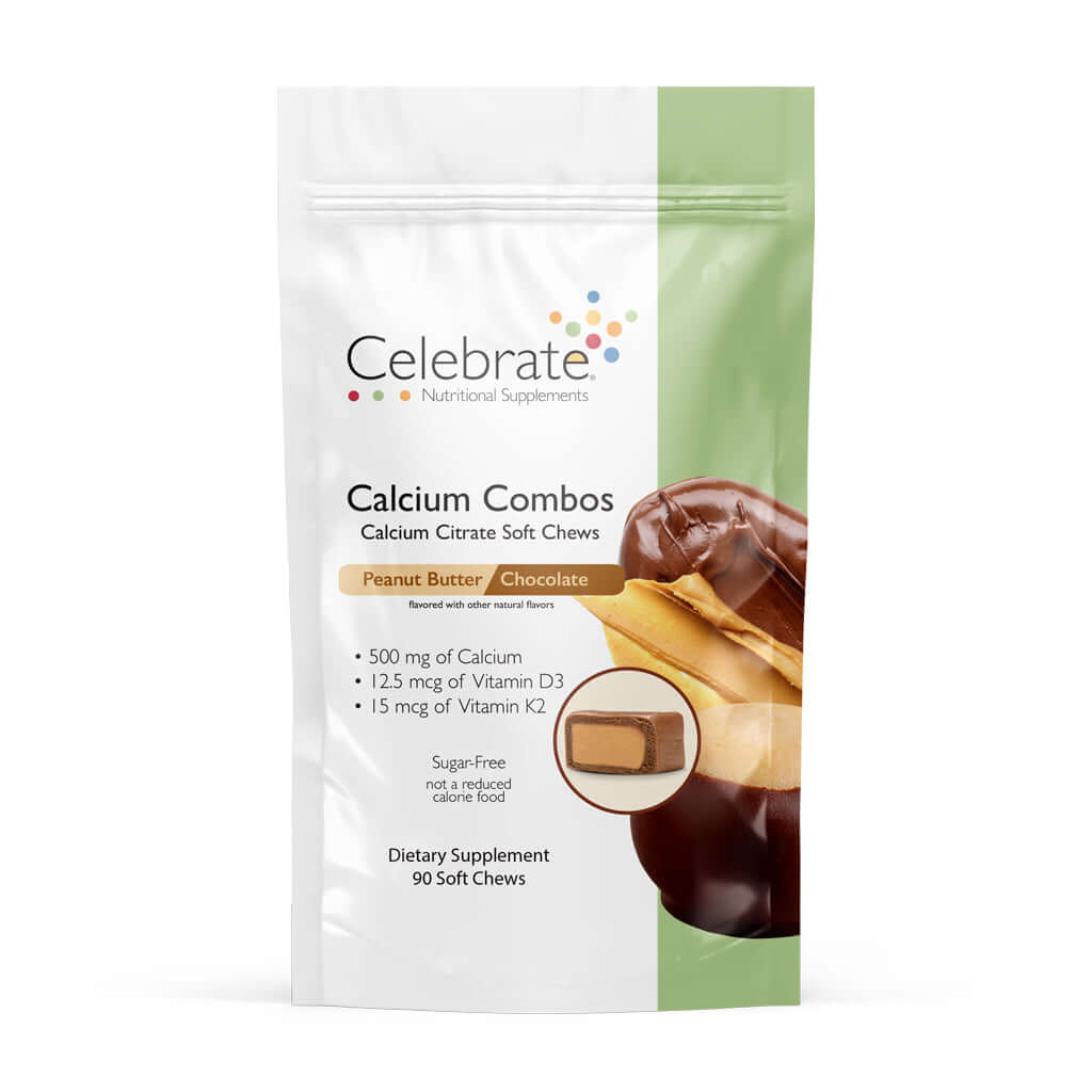 Photograph of Celebrate's calcium citrate soft chews in Peanut Butter Chocolate flavor in a 90 count bag
