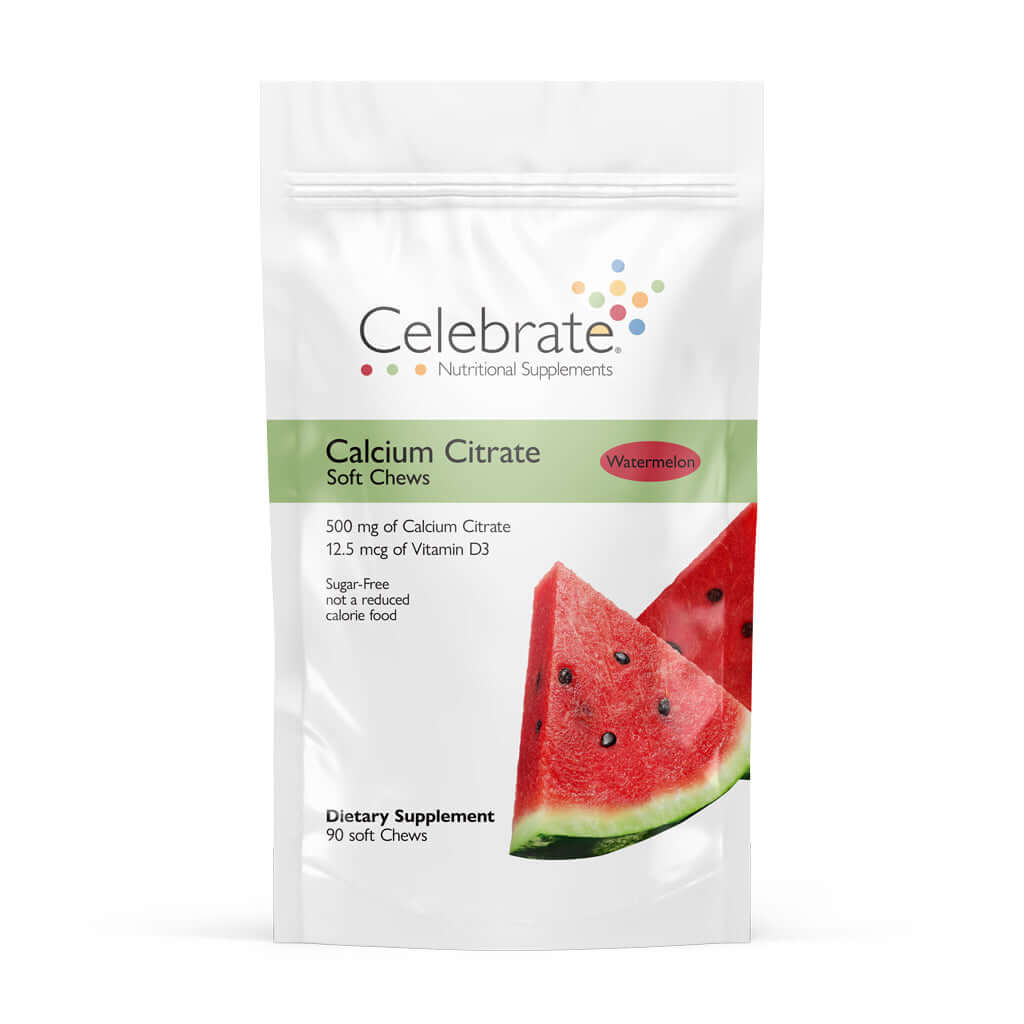 Picture of Celebrate's calcium soft chews in watermelon flavor in a 90 count bag