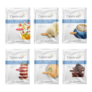 Photograph of all of Celebrate Vitamins' flavors of bariatric meal replacement protein powder shakes in single serving packets