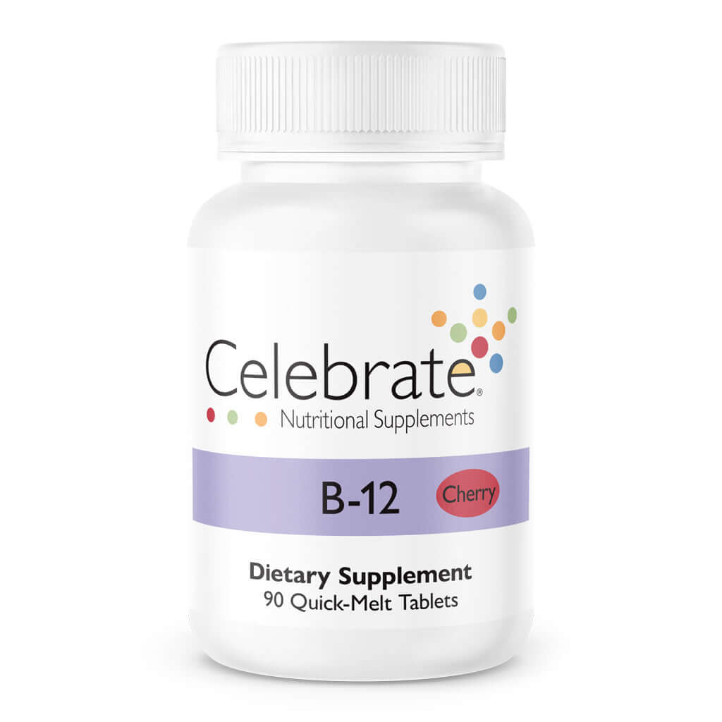 Photograph of Celebrate's bariatric b12 quick melt tablets in cherry flavor in a 90 count bottle