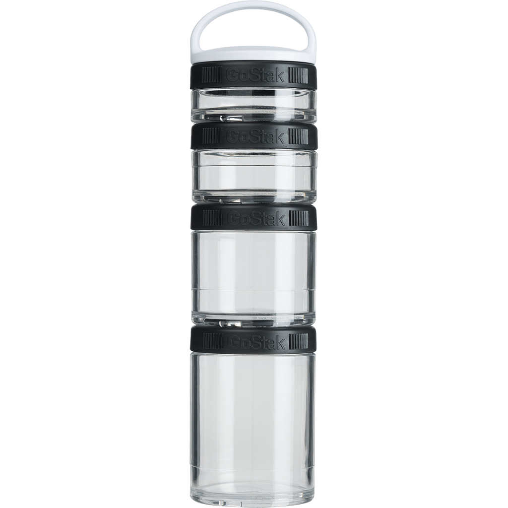 Picture of the black colored GoStak vitamin bottle storage container available from Celebrate.